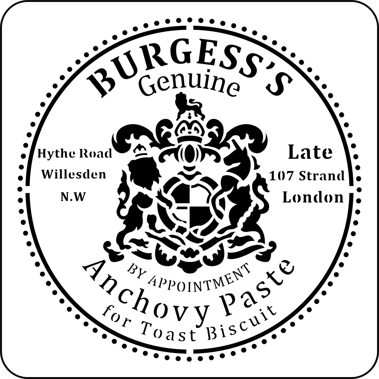 Reusable Stencil - Circular logo for Burgess's Anchovy Paste with text and crest design.