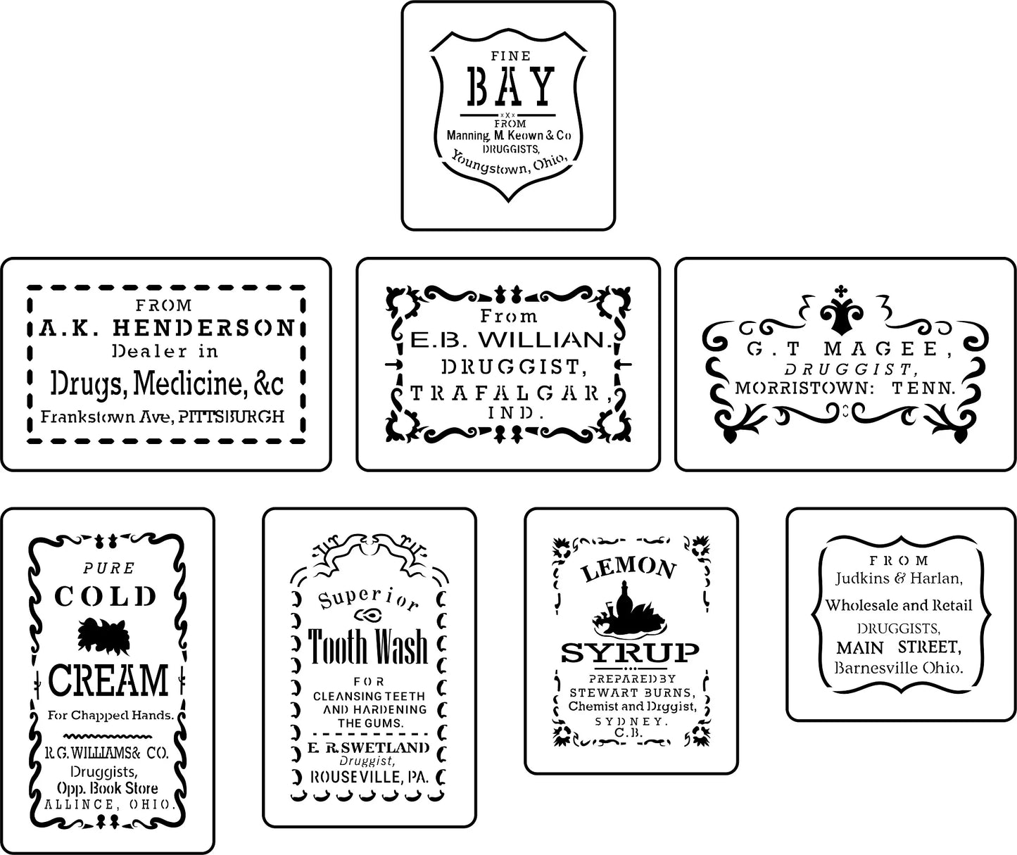 Reusable Apothecary Labels Stencil Set - 8 stencil labels