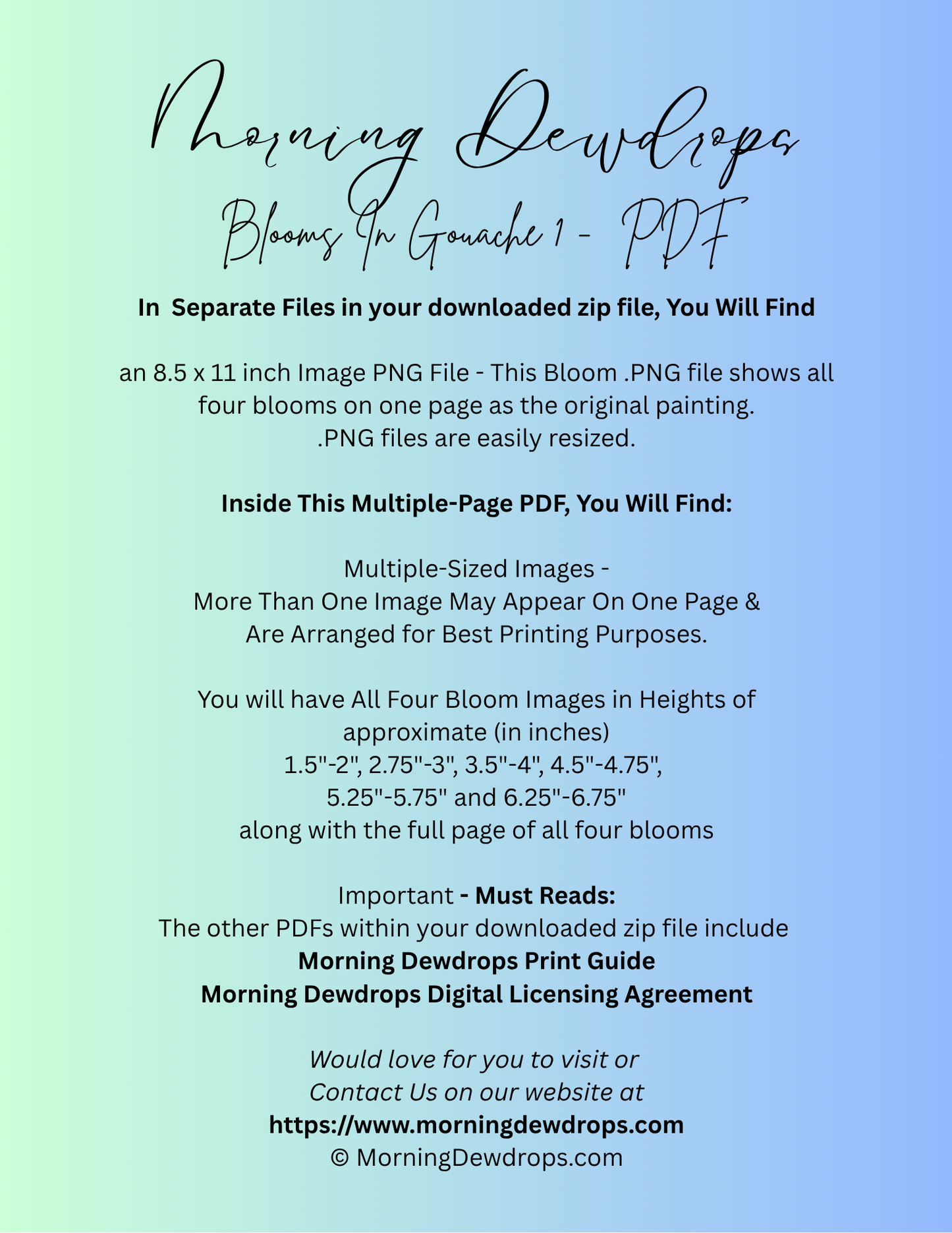 Instructions for downloading and using 'Morning Dewdrops Blooms In Gouache' digital art set on a gradient background.