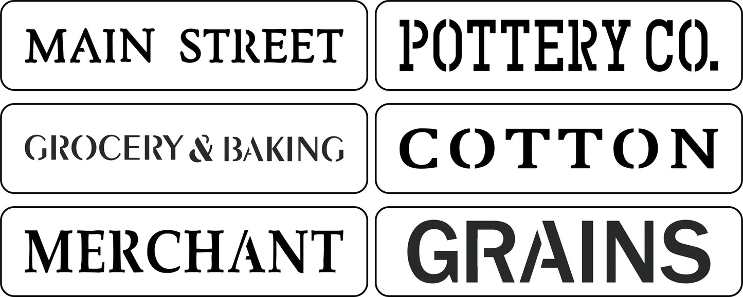 Reusable Main Street Word Pack Stencils - 6 stencils Grains, Merchant, Main Street, Pottery Co., Grocery & Baking, Cotton