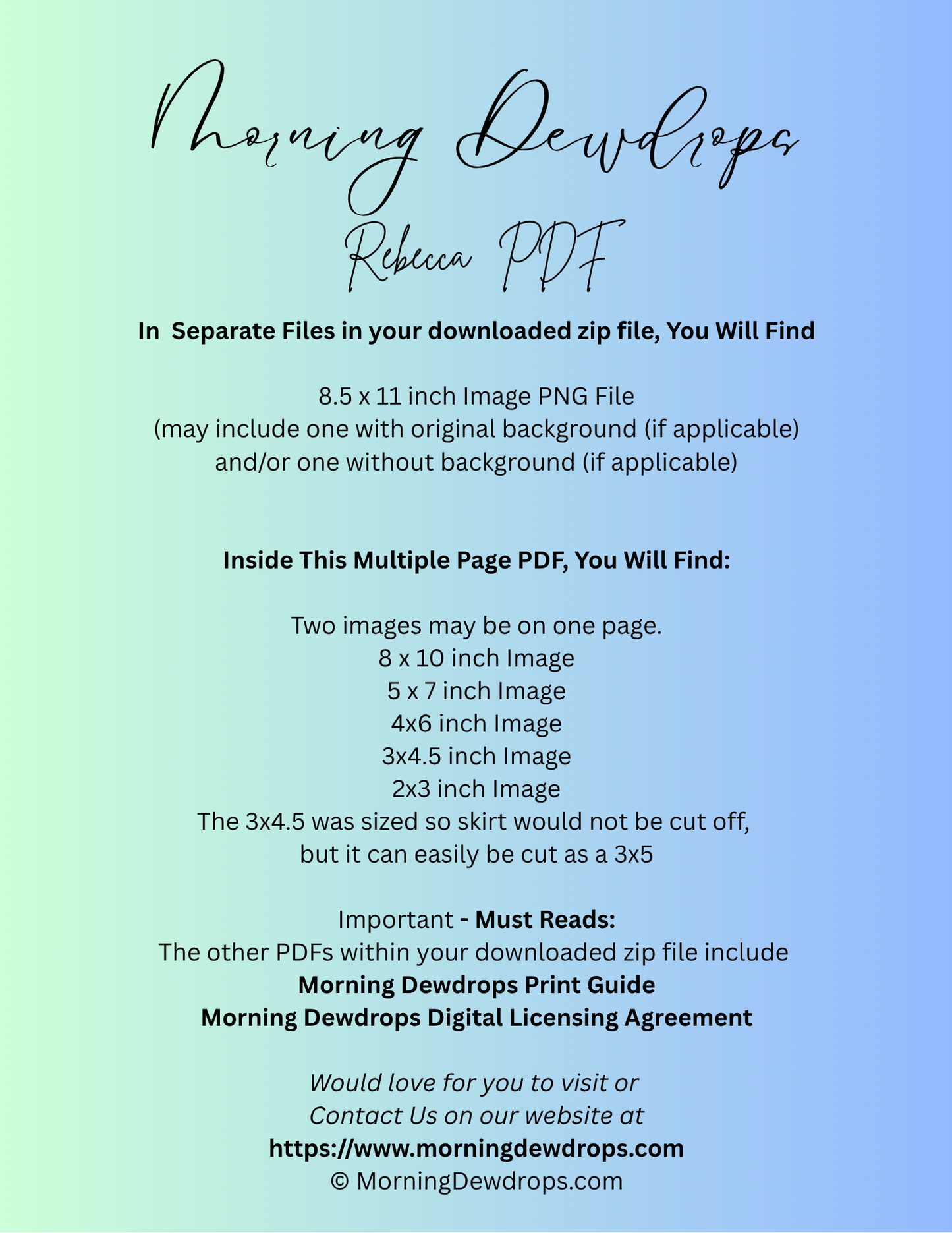 First Page of PDF for a digital product download with text on a gradient background. Shows images sizes and contents of the PDF
