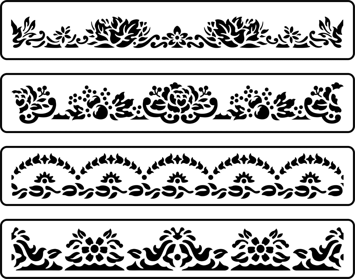 Reusable Stencil - Transferware Border Pack - Set of four decorative floral border stencils with intricate patterns.