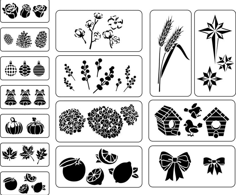 Reusable Stencil Set - various designs flowers, leaves, cotton, pinecone, ornaments, fruit, birdhouse and objects.