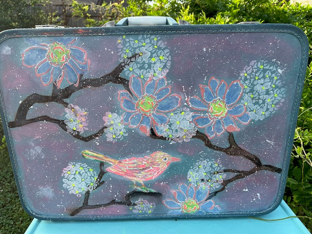 Vintage Suitcase with Hopeful Petals, Flutter & Feathers - Flowers, branch, hydrangeas, bird