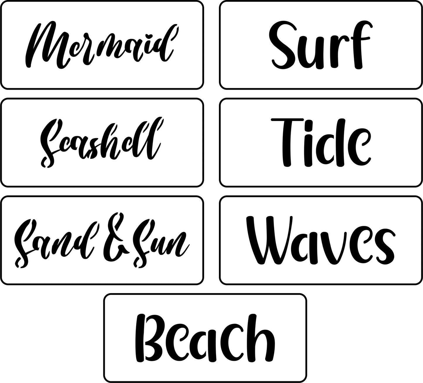 Reusable Stencil Ocean Word Pack - Mermaid, Seashell, Surf, Tide, Sand & Sun, Waves, Beach