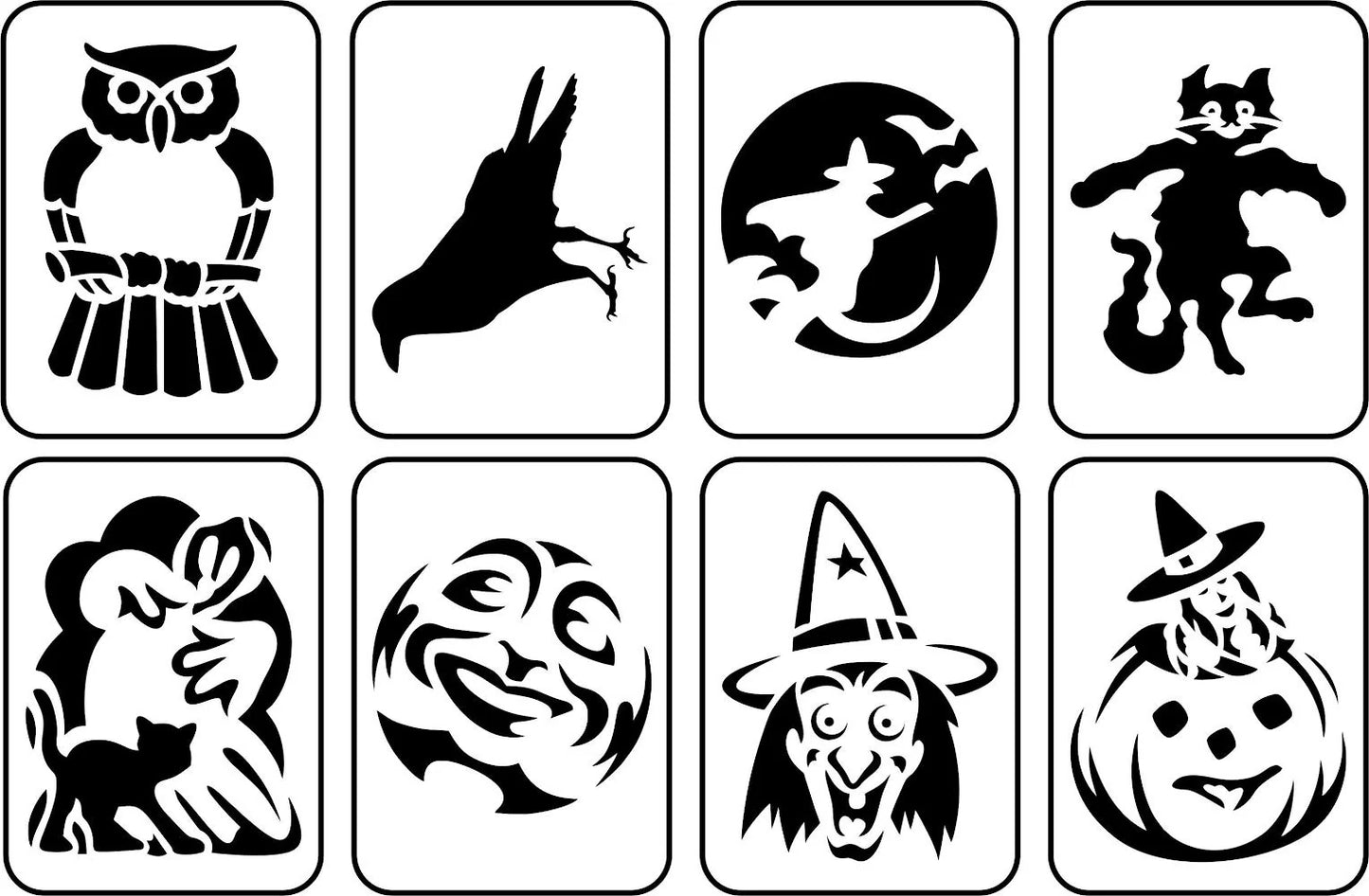 Reusable Stencil - Vintage Halloween - Set of 8 , owl, witch, cat, moon, etc.