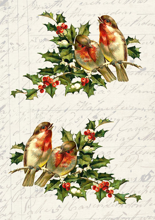 JRV Rice Paper Sheet Birds On Holly Branch