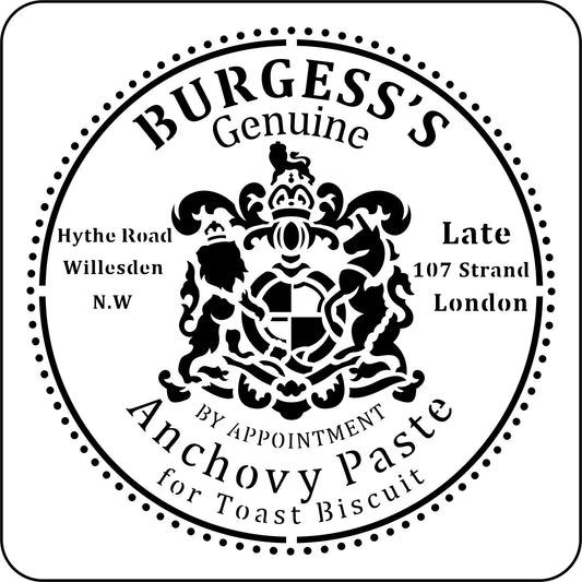 Reusable Stencil - Circular logo for Burgess's Anchovy Paste with text and crest design.