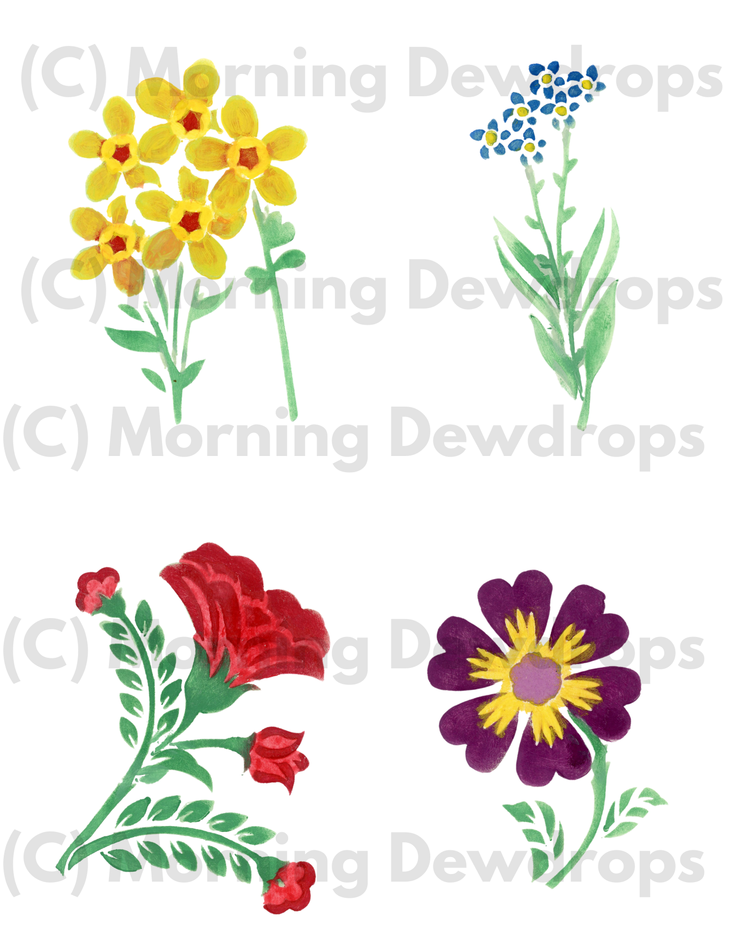 This digital set features four unique gouache blossoms—a sunshine-yellow cluster, tiny blue sprigs, a bold red bloom, and a rich purple flower with a glowing center. Painted in creamy layers of gouache, each flower carries that velvety, matte texture and lively brushwork that makes gouache so charming. -  Painted with Gouache mixture of DIY Paint; PNG files and PDF