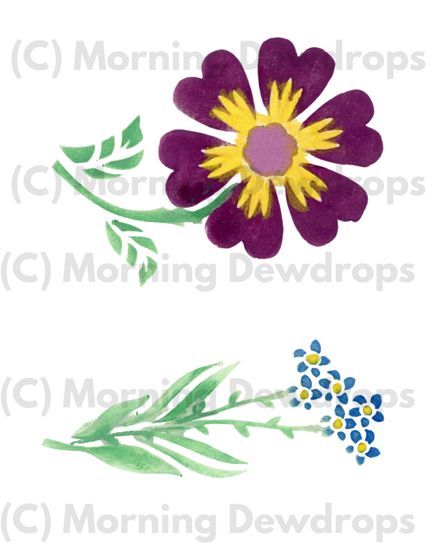 This digital set features four unique gouache blossoms—a sunshine-yellow cluster, tiny blue sprigs, a bold red bloom, and a rich purple flower with a glowing center. Painted in creamy layers of gouache, each flower carries that velvety, matte texture and lively brushwork that makes gouache so charming. -  Painted with Gouache mixture of DIY Paint; PNG files and PDF