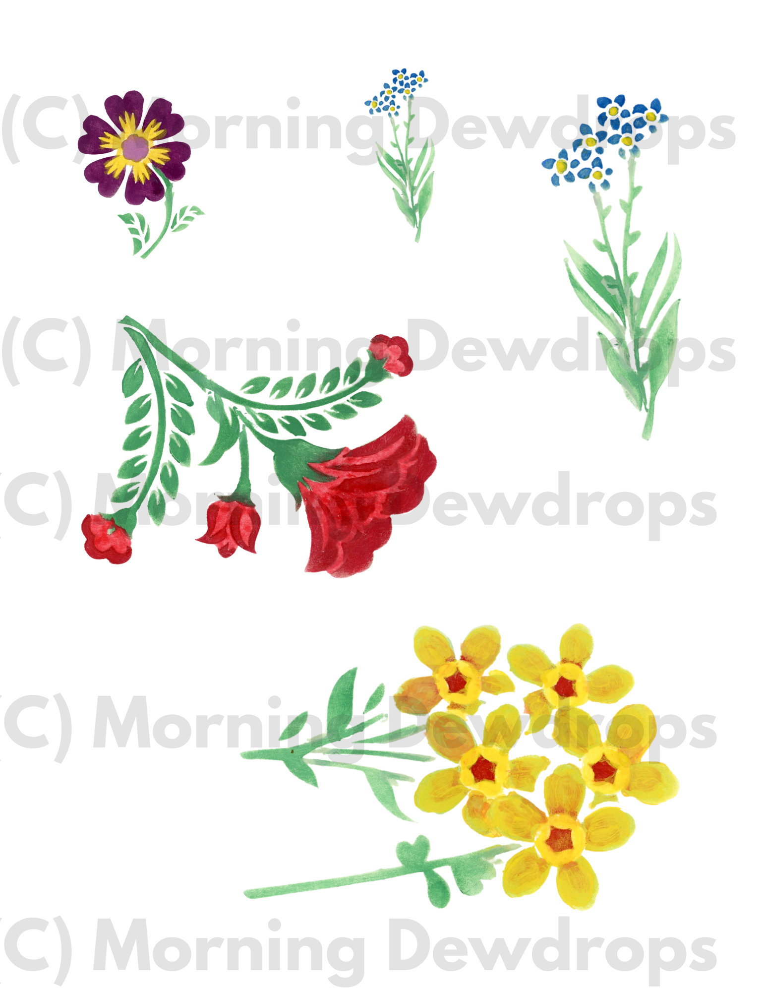 This digital set features four unique gouache blossoms—a sunshine-yellow cluster, tiny blue sprigs, a bold red bloom, and a rich purple flower with a glowing center. Painted in creamy layers of gouache, each flower carries that velvety, matte texture and lively brushwork that makes gouache so charming. -  Painted with Gouache mixture of DIY Paint; PNG files and PDF