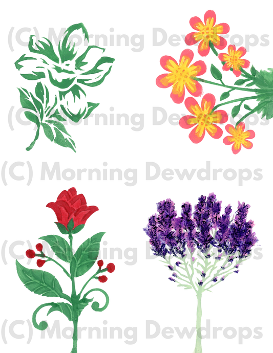 Inside you’ll find a bold green botanical, cheerful pink-and-yellow blossoms, a classic red floral stem with berries, and a richly textured purple bloom of lavender. - Digital Downloads, PNG & PFD