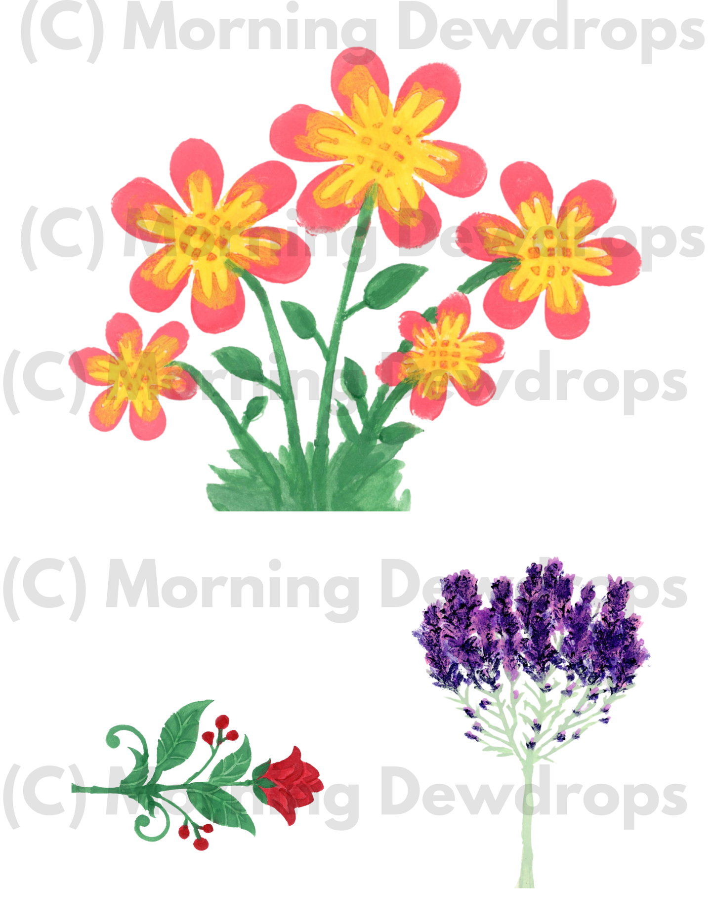 Inside you’ll find a bold green botanical, cheerful pink-and-yellow blossoms, a classic red floral stem with berries, and a richly textured purple bloom of lavender. - Digital Downloads, PNG & PFD