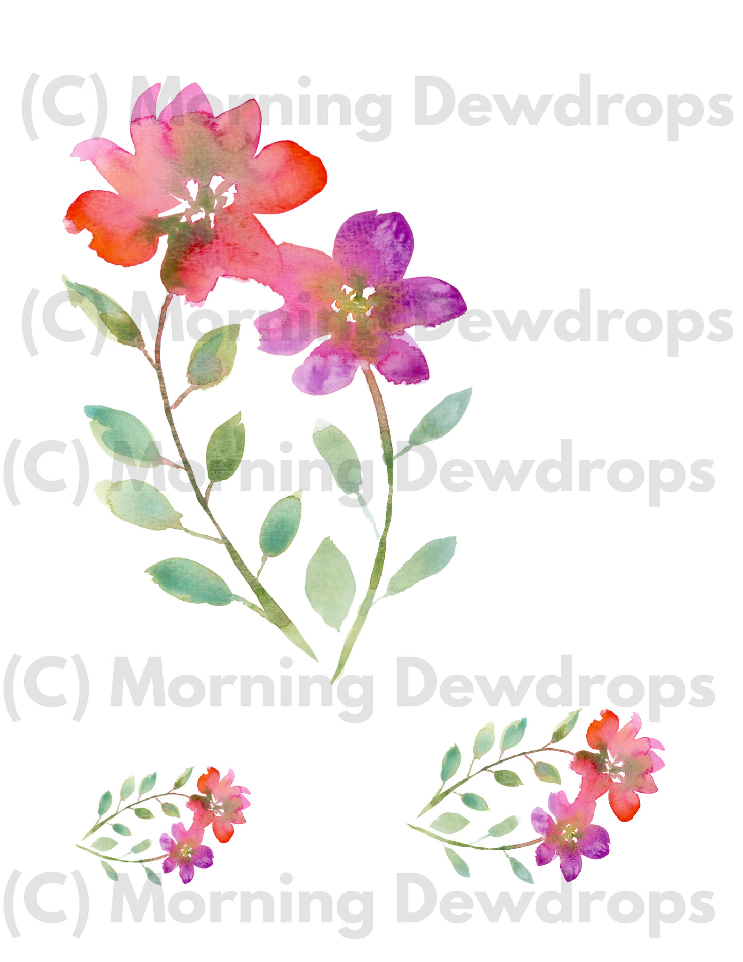 Watercolor illustration of red, orange and purple flowers with green leaves on a white  background. 
Hand-painted watercolor florals and blooms for art journaling and mixed media. Soft blooms, leafy stems, and expressive petals in PNG and PDF. Perfect for collage layering.  Painted with DIY Paint by adding a lot of water to the paint.