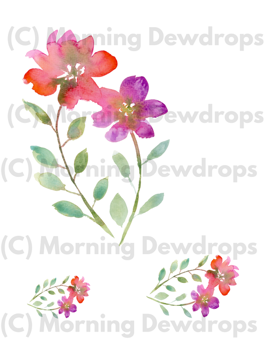Watercolor illustration of red, orange and purple flowers with green leaves on a white  background. 
Hand-painted watercolor florals and blooms for art journaling and mixed media. Soft blooms, leafy stems, and expressive petals in PNG and PDF. Perfect for collage layering.  Painted with DIY Paint by adding a lot of water to the paint.
