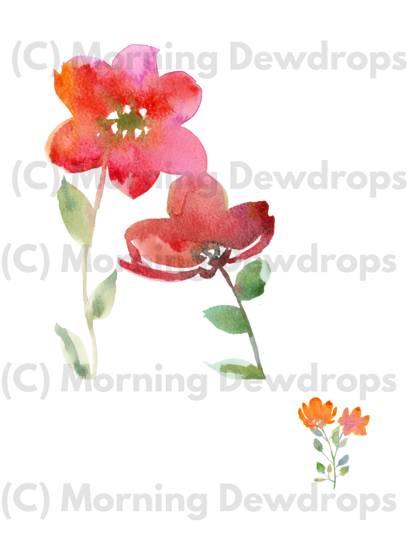 Watercolor illustration of red and orange flowers with green leaves on a white background, featuring 'Morning Dewdrops' branding.
Hand-painted watercolor florals and blooms for art journaling and mixed media. Soft blooms, leafy stems, and expressive petals in PNG and PDF. Perfect for collage layering.  Painted with DIY Paint by adding a lot of water to the paint.