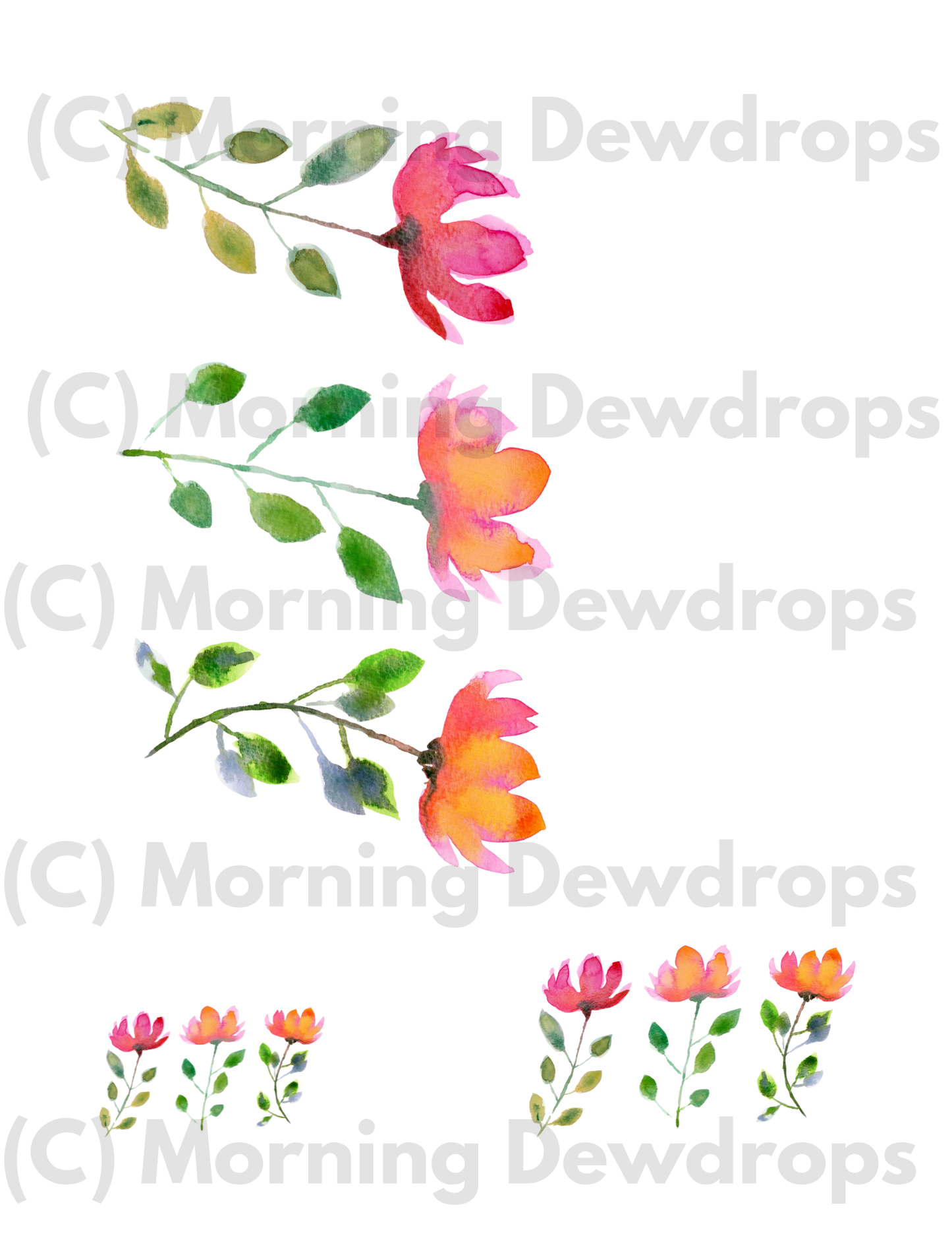 Watercolor floral design in reds, pinks and oranges with green leaves on a white background, featuring the brand 'Morning Dewdrops'.
Hand-painted watercolor florals and blooms for art journaling and mixed media. Soft blooms, leafy stems, and expressive petals in PNG and PDF. Perfect for collage layering.  Painted with DIY Paint by adding a lot of water to the paint.