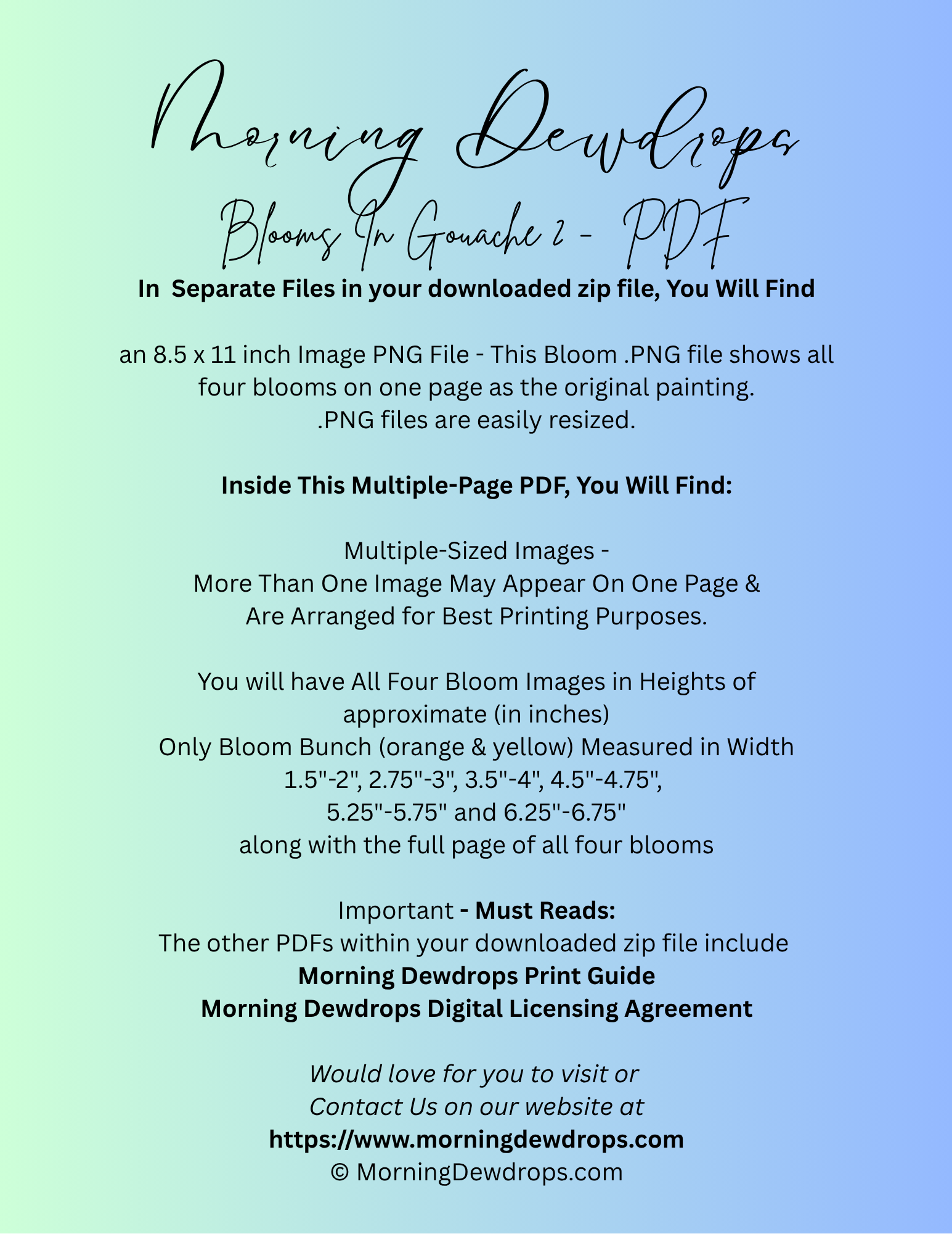 Instructions for a digital product related to 'Morning Dewdrops' on a gradient background