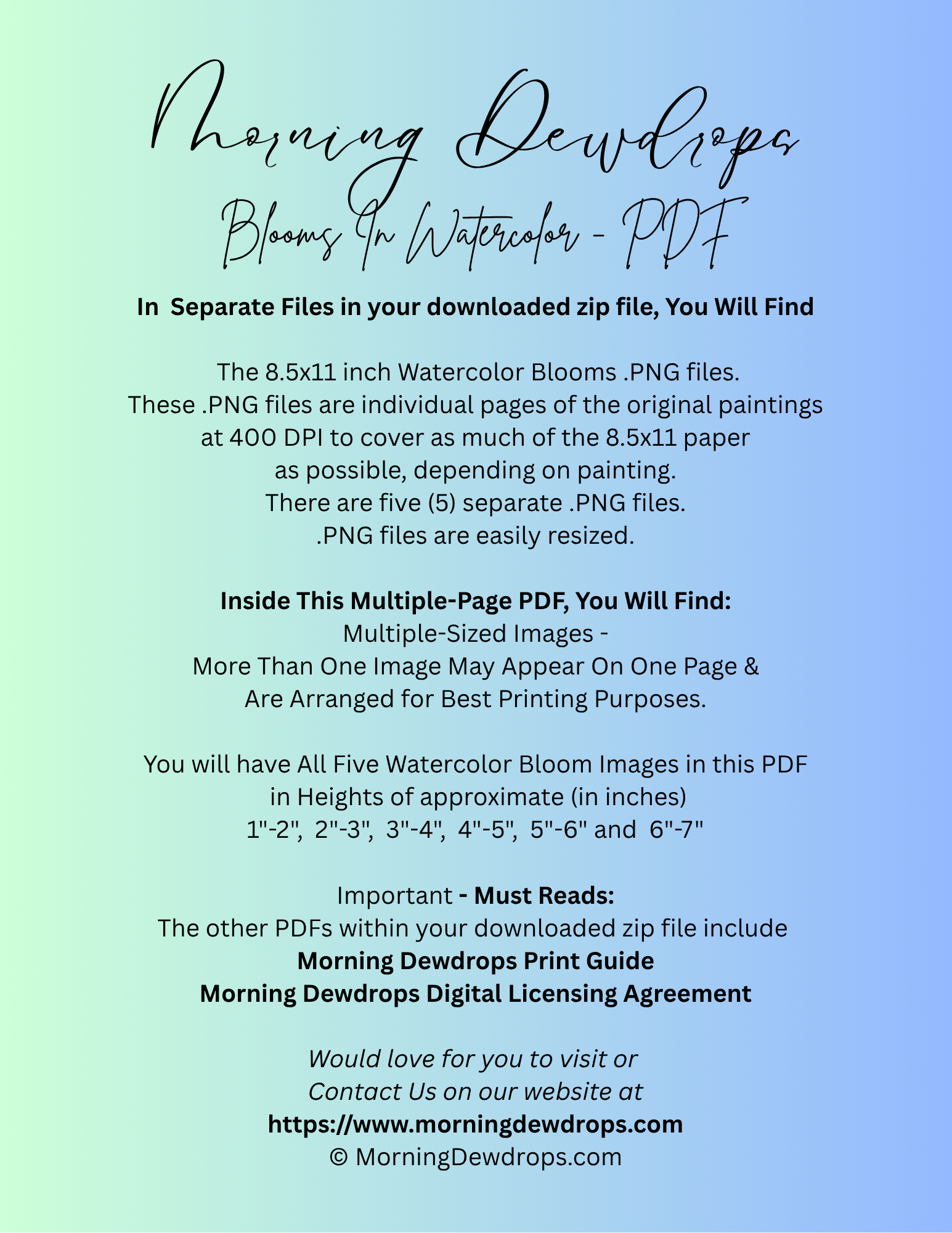 First Page of PDF for a digital product download with text on a gradient background. Shows images sizes and contents of the PDF