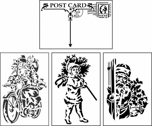 Reusable Christmas Postcard Stencil Set with Santa on Motorcycle, Santa carrying toes and girl carrying Christmas Tree