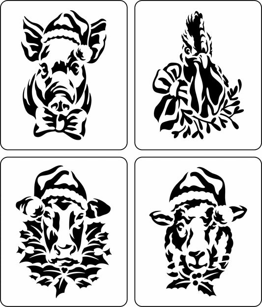 Reusable Christmas Farm Animal Mini Stencil Set - Four - Pig, Rooster, Cow and Sheep