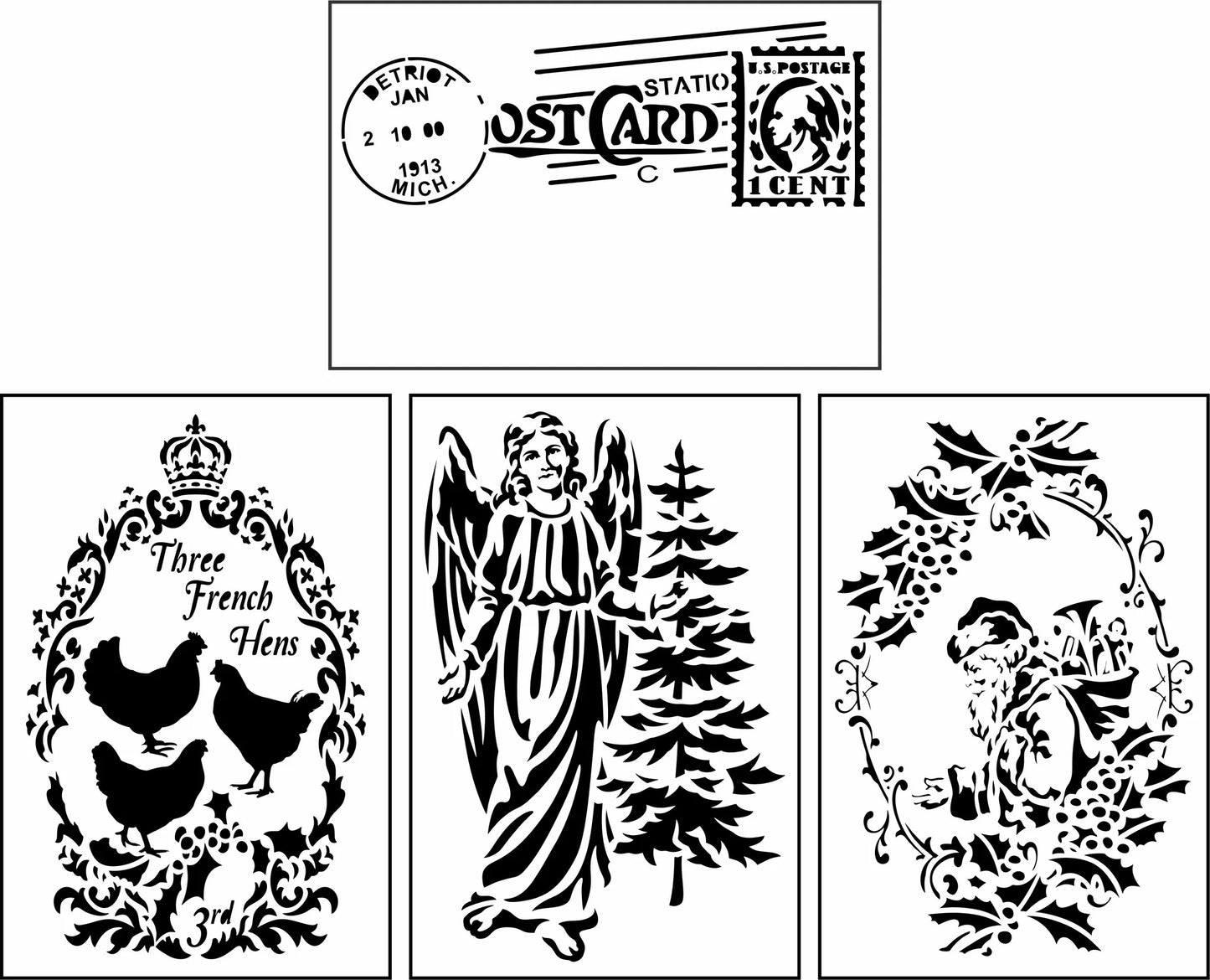 Reusable Stencil - Christmas Postcard 2 - 4 stencils, postcard with stamp, three French hens, angel and Santa