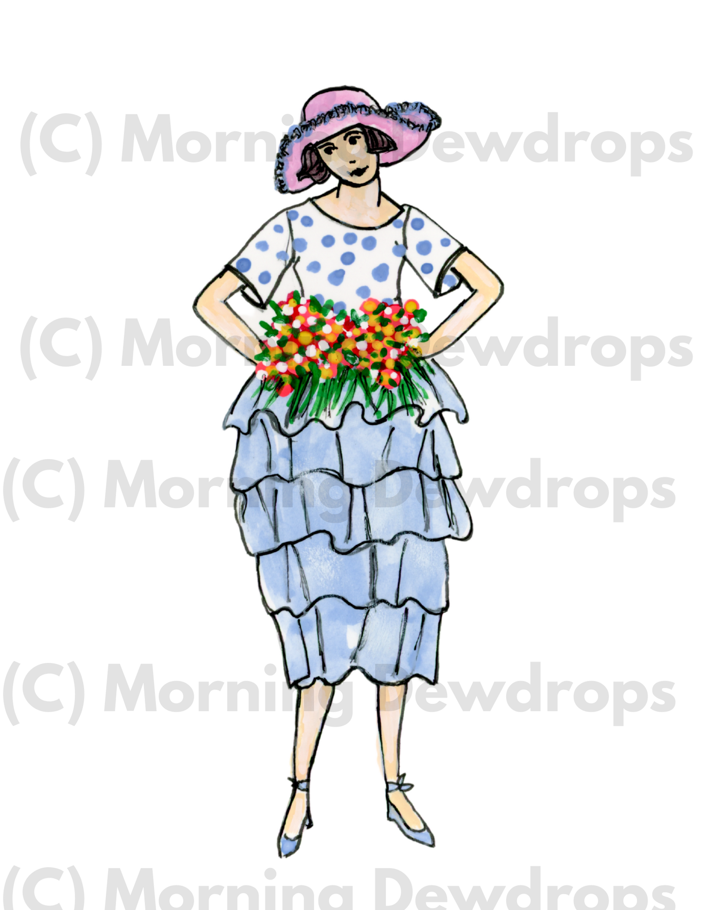 Daisy is wearing a blouse with polka dots,  a tiered-skirt in periwinkle and a wide-brim sun hat. She is holding a bouquet of wildflowers.
