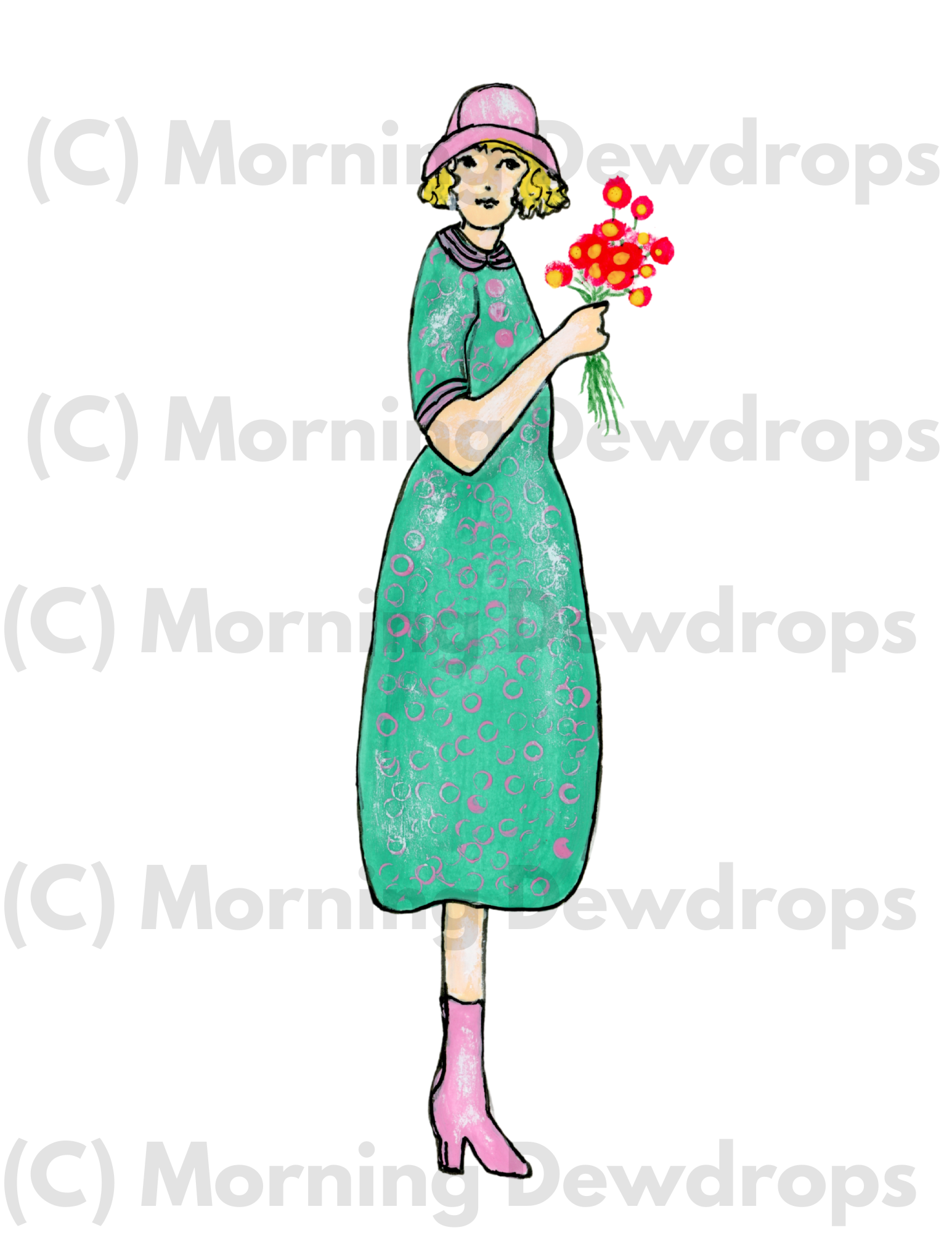 Ivy is wearing a green, shift dress with a pink cloche hat & boots. She picked some flowers from a neighbor's yard on her way to town.  Ivy expresses joy and authenticity.