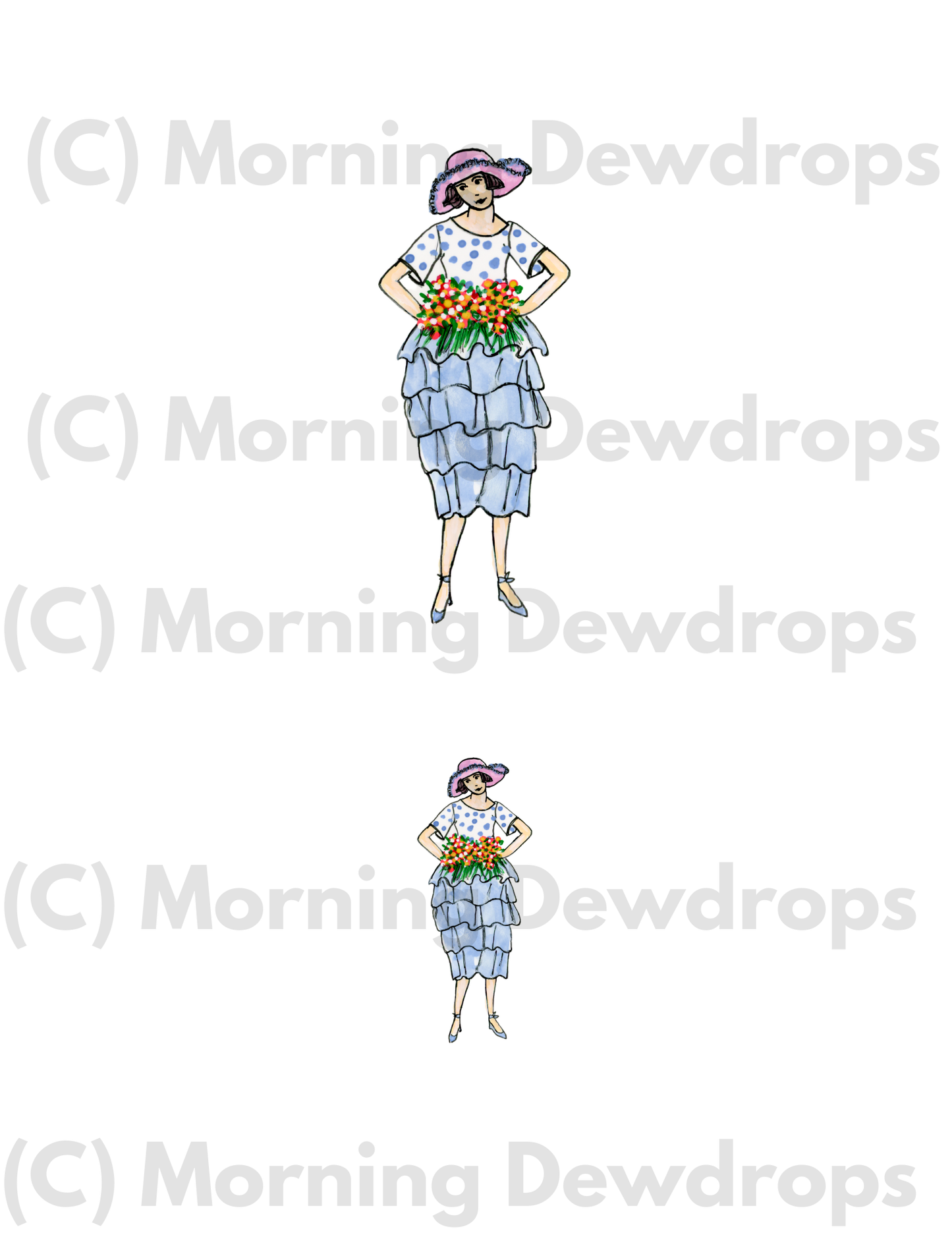 Daisy is wearing a blouse with polka dots,  a tiered-skirt in periwinkle and a wide-brim sun hat. She is holding a bouquet of wildflowers.
