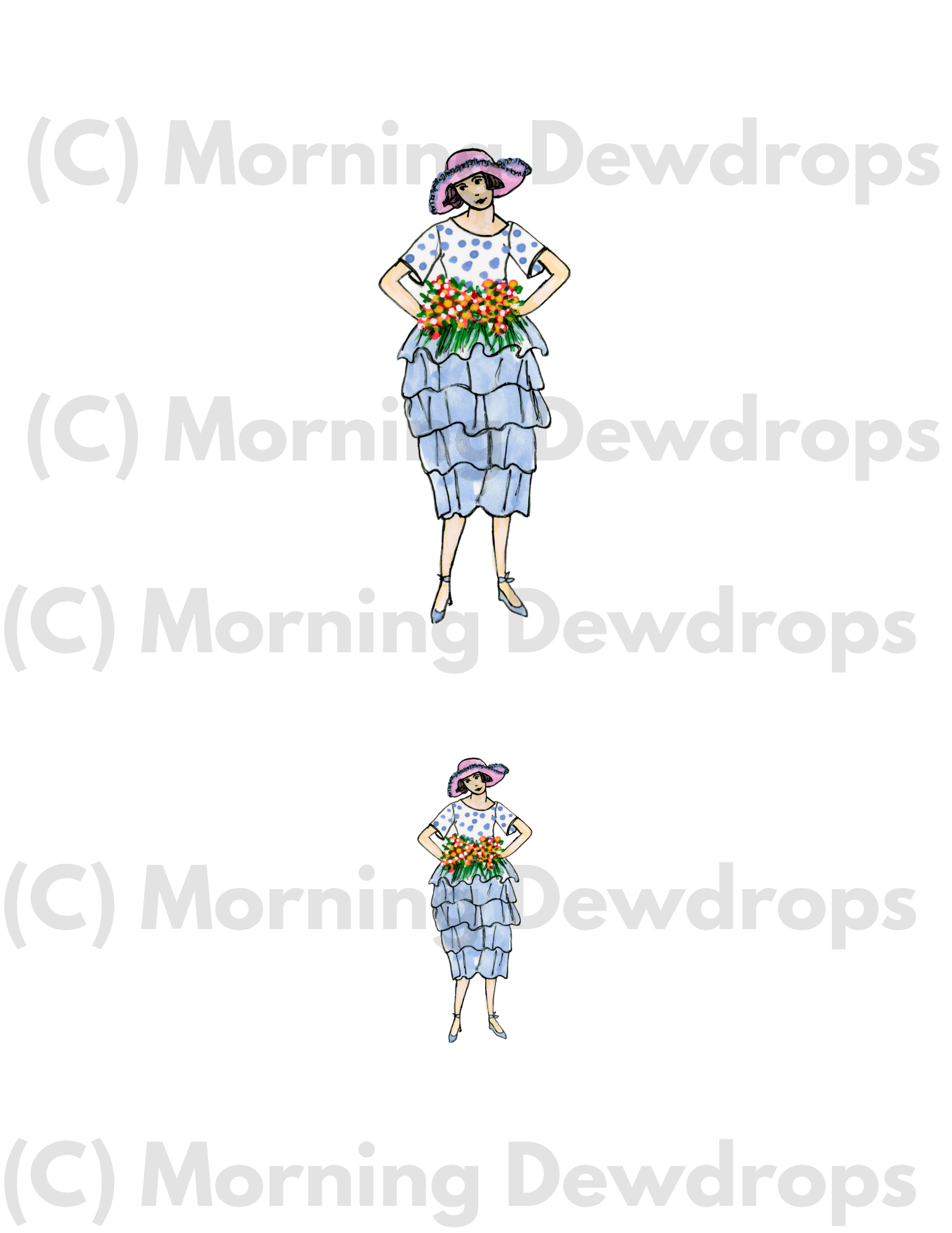 Daisy is wearing a blouse with polka dots,  a tiered-skirt in periwinkle and a wide-brim sun hat. She is holding a bouquet of wildflowers.

