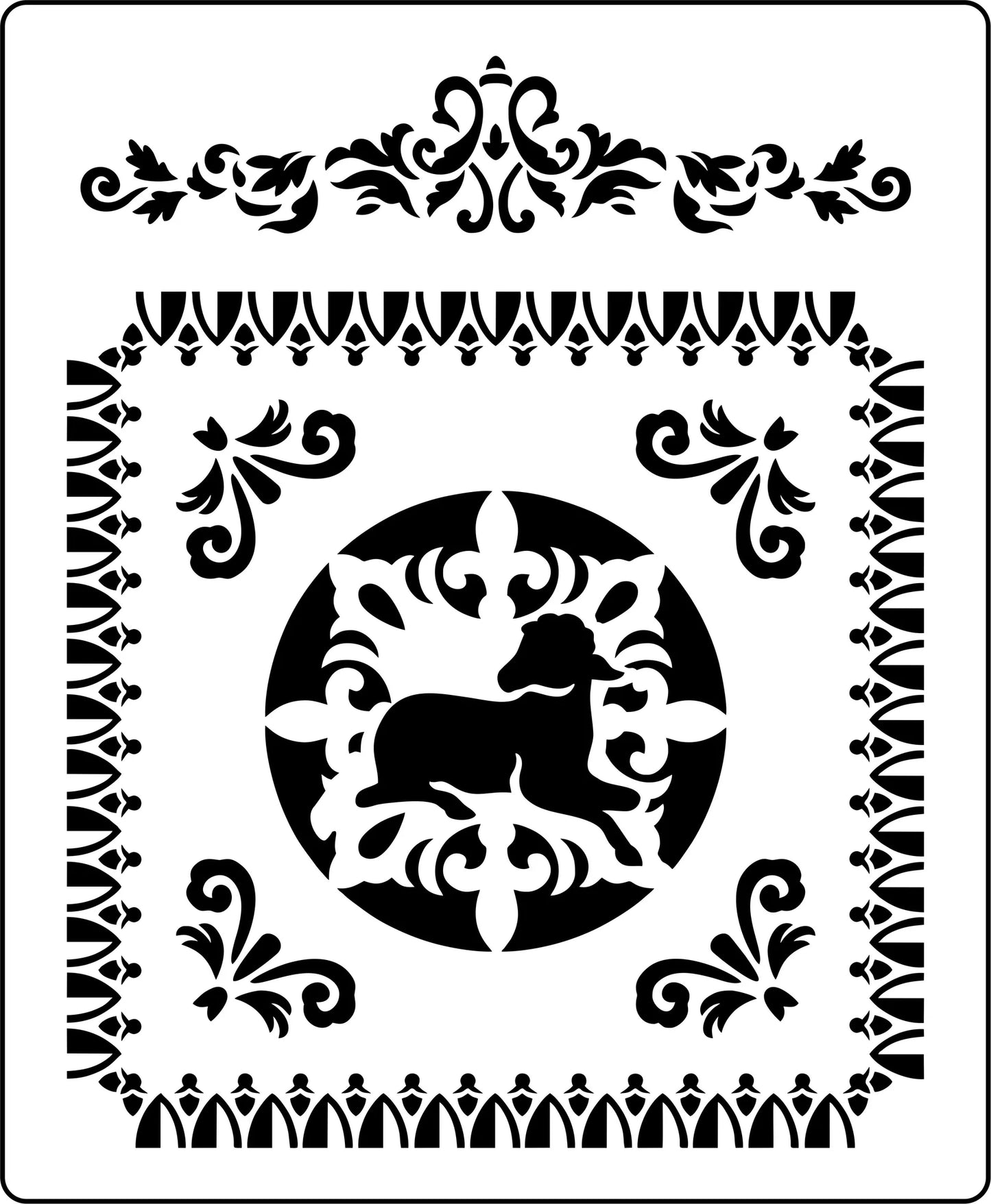 Reusable Stencil - 15 mils thick - English Lamb Panel - Lamb center with scrollwork; similar to a toile effect