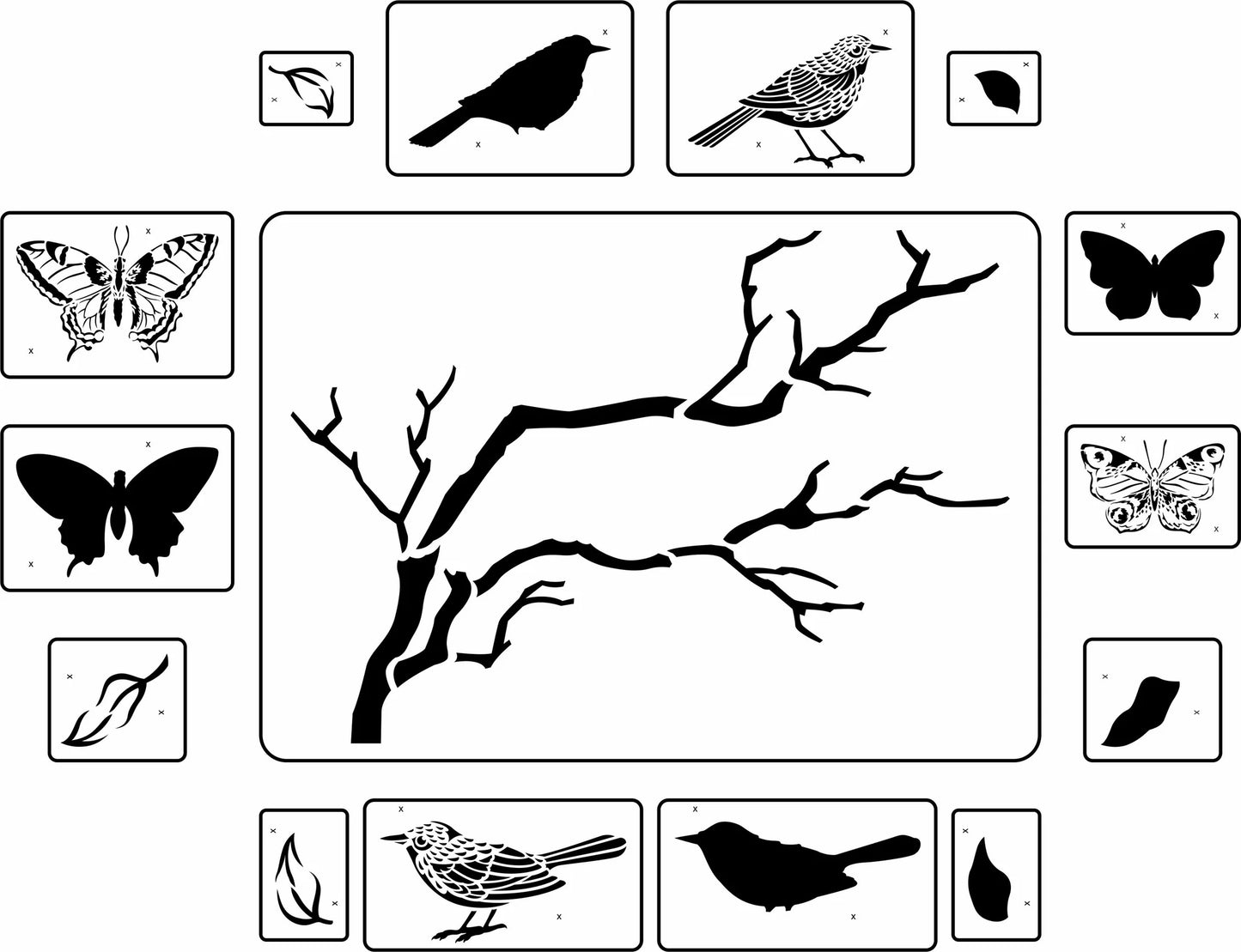 Reusable Stencil Set of Flutter & Feathers including birds, butterflies, and leaves on branches
