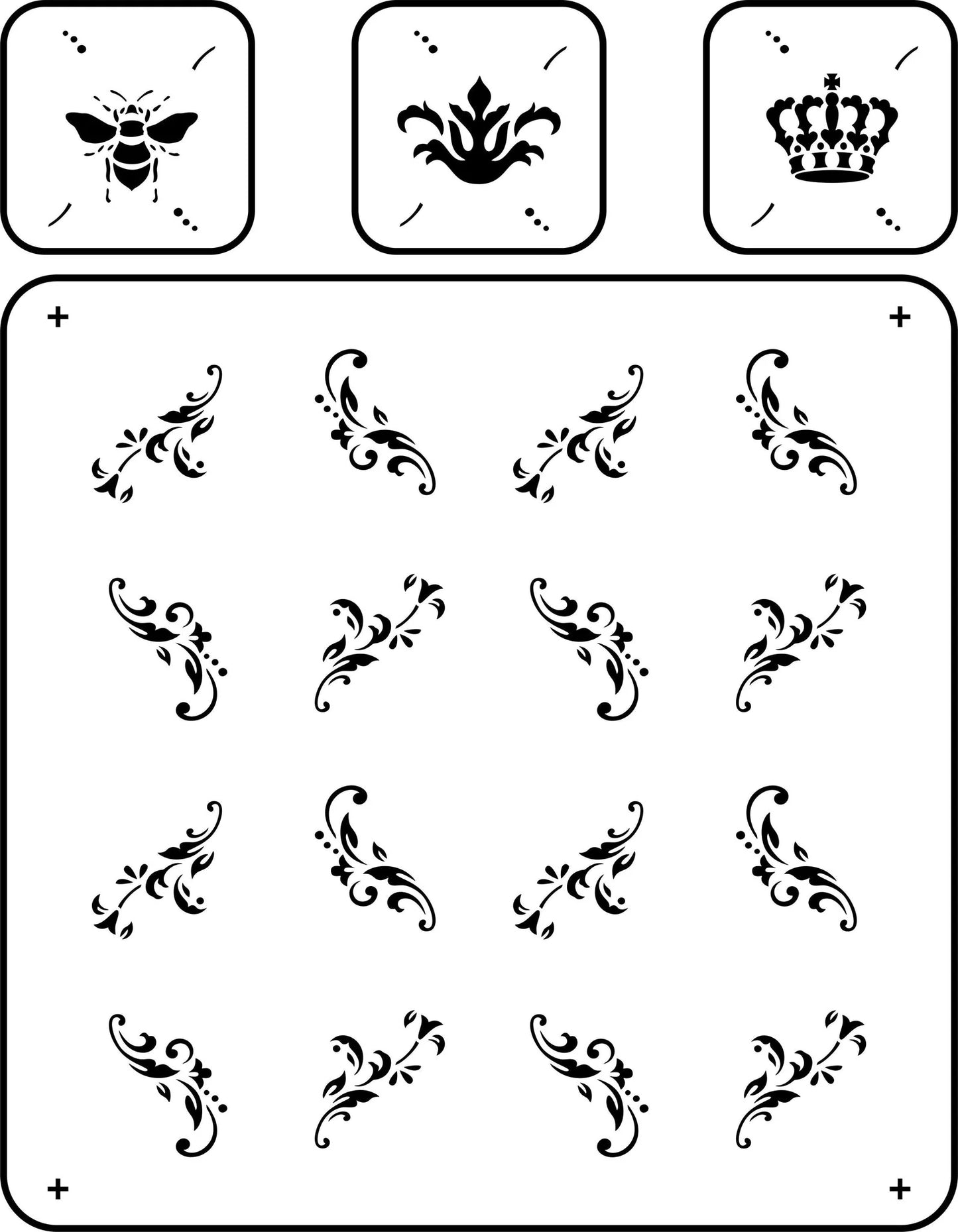 Reusable Stencil - French Trellis with motifs of bee, crown & flower