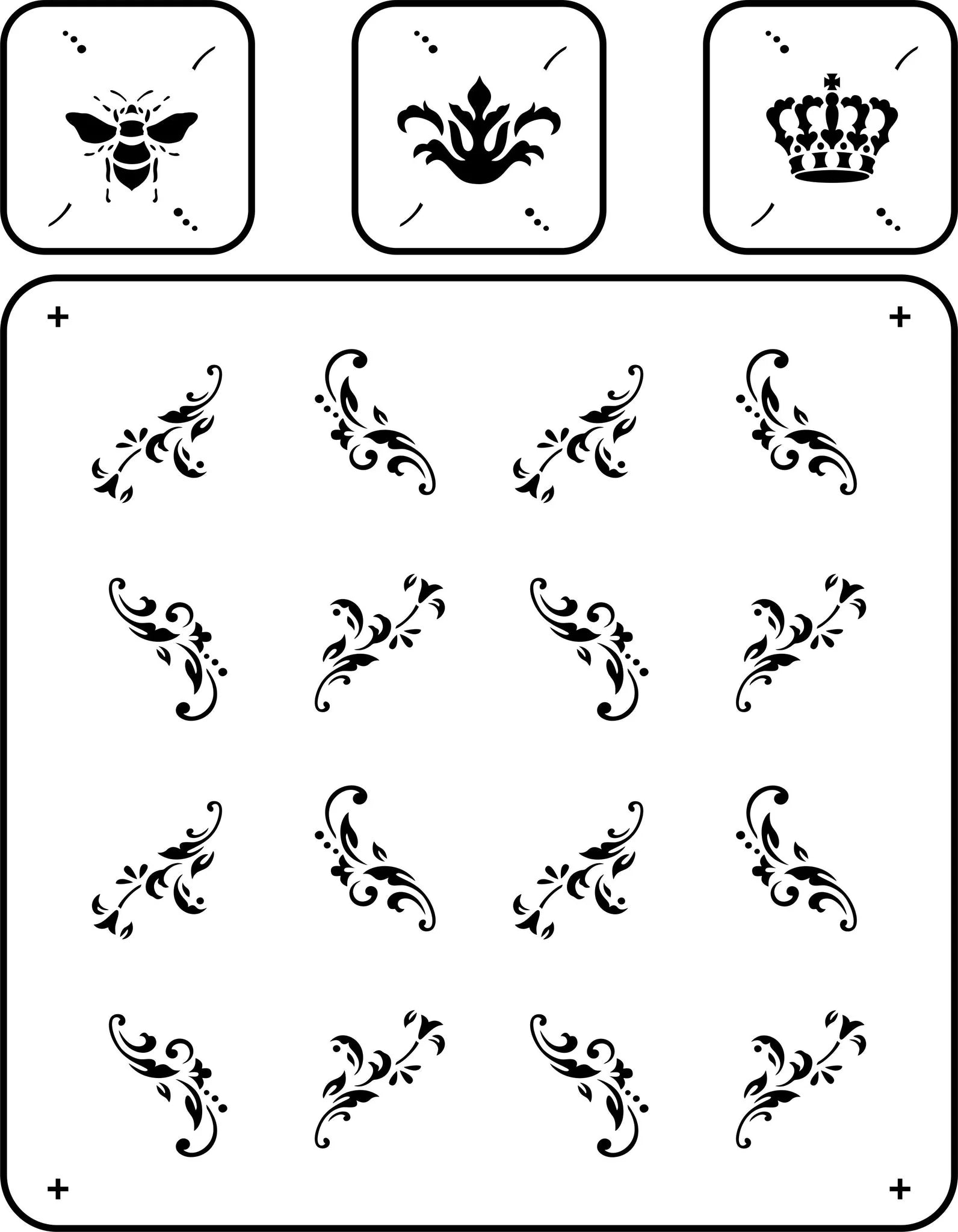 Reusable Stencil - French Trellis with motifs of bee, crown & flower