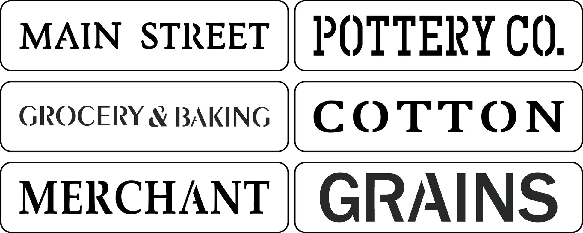 Reusable Main Street Word Pack Stencils - 6 stencils Grains, Merchant, Main Street, Pottery Co., Grocery & Baking, Cotton