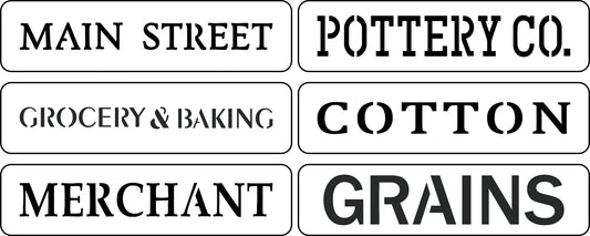 Reusable Main Street Word Pack Stencils - 6 stencils Grains, Merchant, Main Street, Pottery Co., Grocery & Baking, Cotton