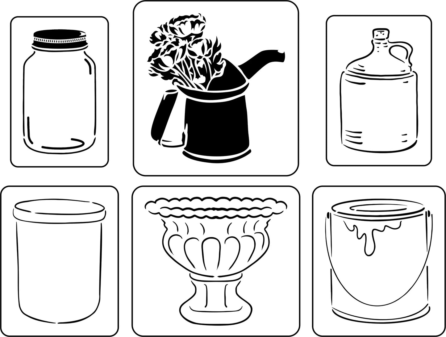 Reusable Six Stencil Pack - Containers Mini - Jar, Jug, Urn, Oil Can w flowers, paint can, crock