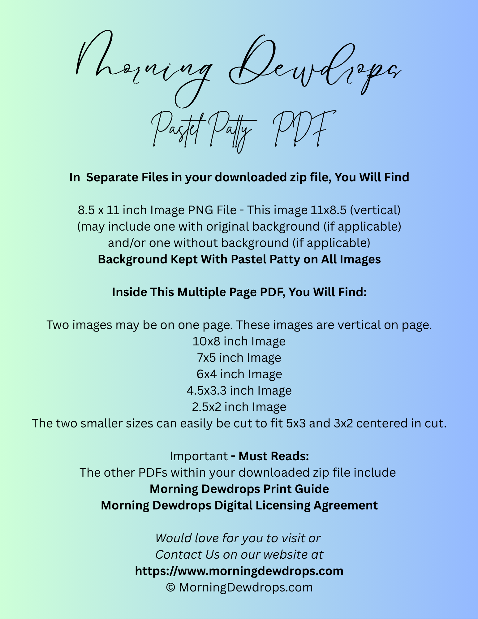 First Page of PDF for a digital product download with text on a gradient background. Shows images sizes and contents of the PDF