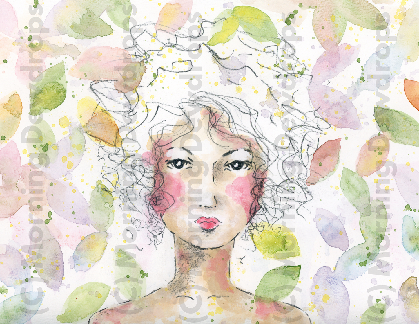 Watercolor Illustration of a girl with rosy cheeks surrounded by pastel leaves and petals.  Loose linework was used on her face and hair to reveal colorful background of pastels in light hues of green, red, purple and blue.  PNG and PDF files for Wall Art and Card Making