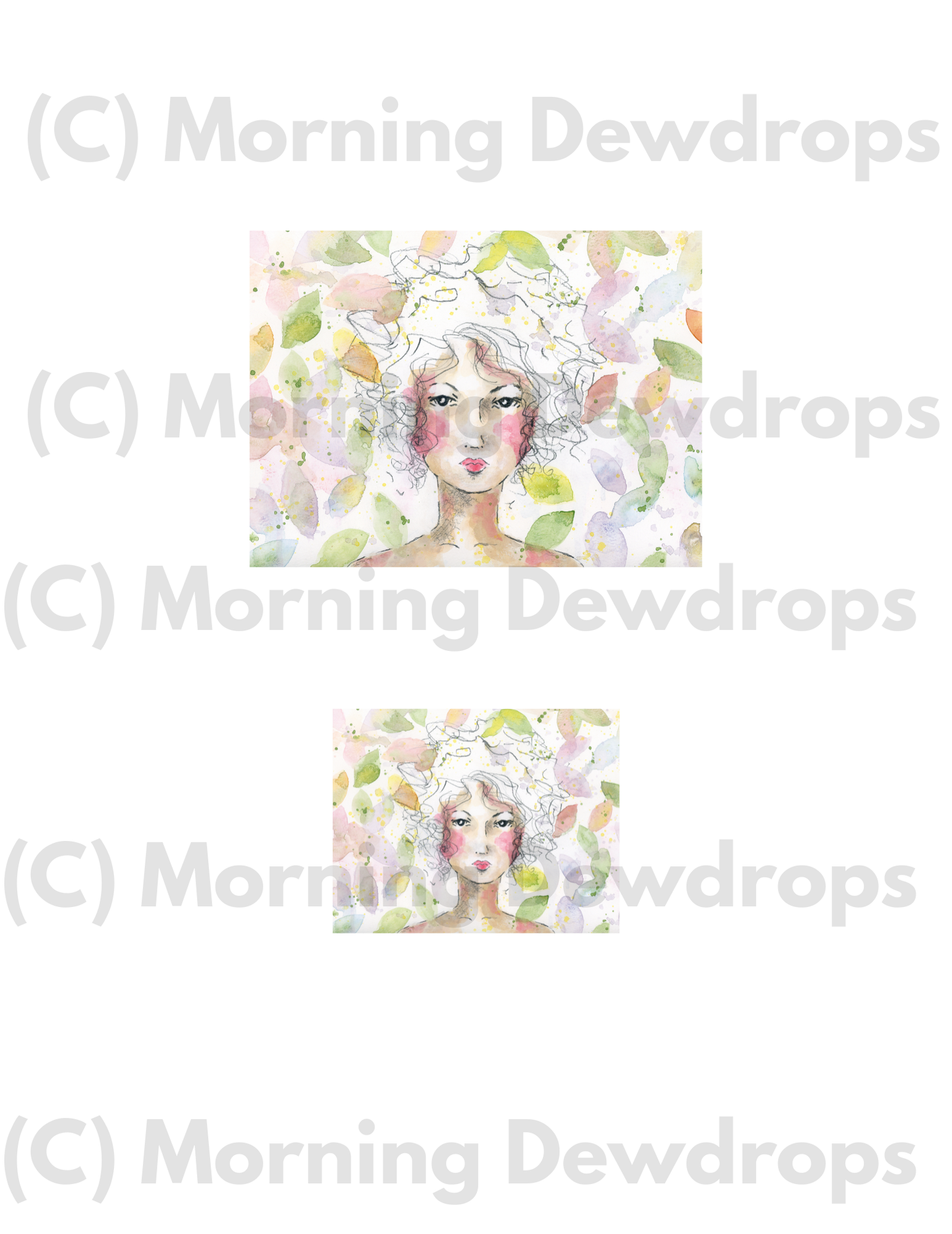 Two small images of watercolor Illustration of a girl with rosy cheeks surrounded by pastel leaves and petals.  Loose linework was used on her face and hair to reveal colorful background of pastels in light hues of green, red, purple and blue.  PNG and PDF files for Wall Art and Card Making