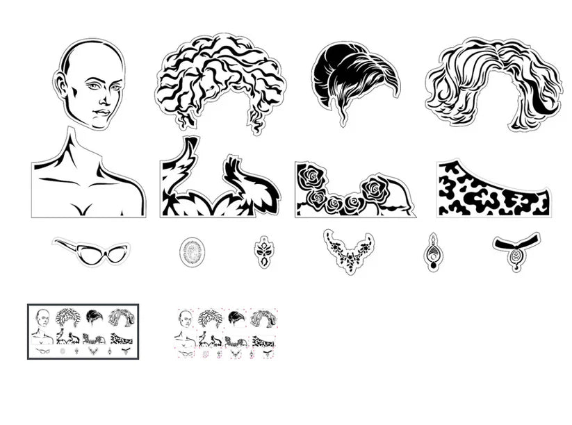 Reusable Stencil Set - 14 Stencils different hairstyles, necklines & Accessories