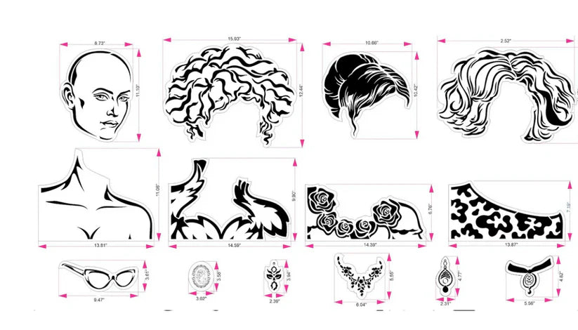 Reusable Stencil Set - 14 Stencils different hairstyles, necklines & Accessories