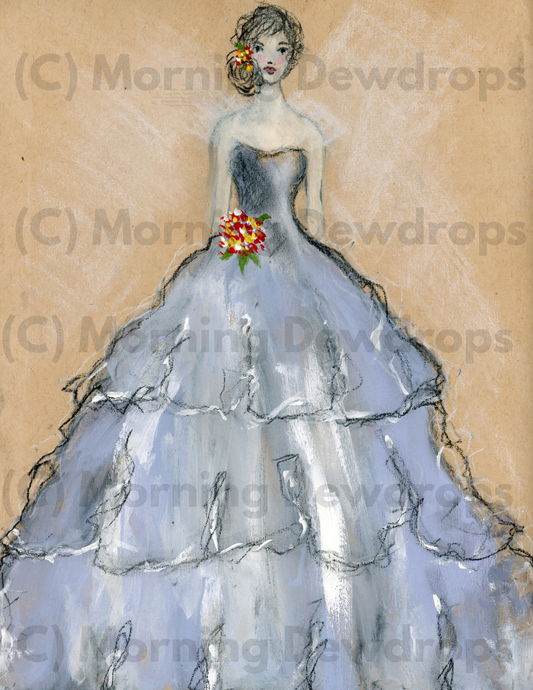 Rebecca is charming. She is dressed in a sweeping gown of misty blues and greys. Her skirt drifts in layered tiers of chiffon that feel almost weightless. She's pinned a corsage to her waist while placing a few flowers in her hair. She gathers beauty and lets no one in her circle who negates her worth. Rebecca is effortlessly graceful, somewhat romantic and never overlooks small things.  In a world of Morning Dewdrops, she stays in the moment and brings a calmness, but is always dreaming.