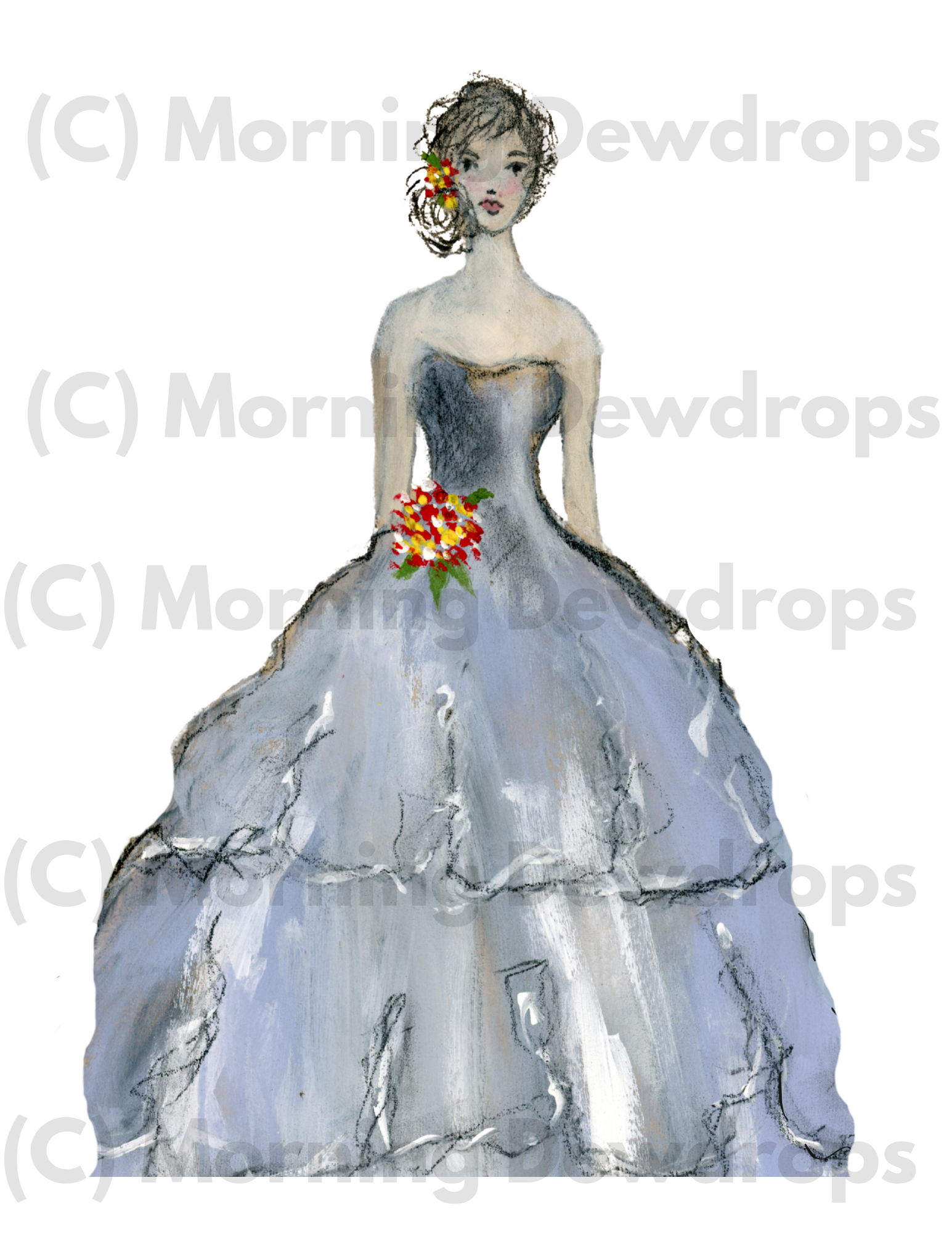 Rebecca is charming. She is dressed in a sweeping gown of misty blues and greys. Her skirt drifts in layered tiers of chiffon that feel almost weightless. She's pinned a corsage to her waist while placing a few flowers in her hair. She gathers beauty and lets no one in her circle who negates her worth. Rebecca is effortlessly graceful, somewhat romantic and never overlooks small things.  In a world of Morning Dewdrops, she stays in the moment and brings a calmness, but is always dreaming.