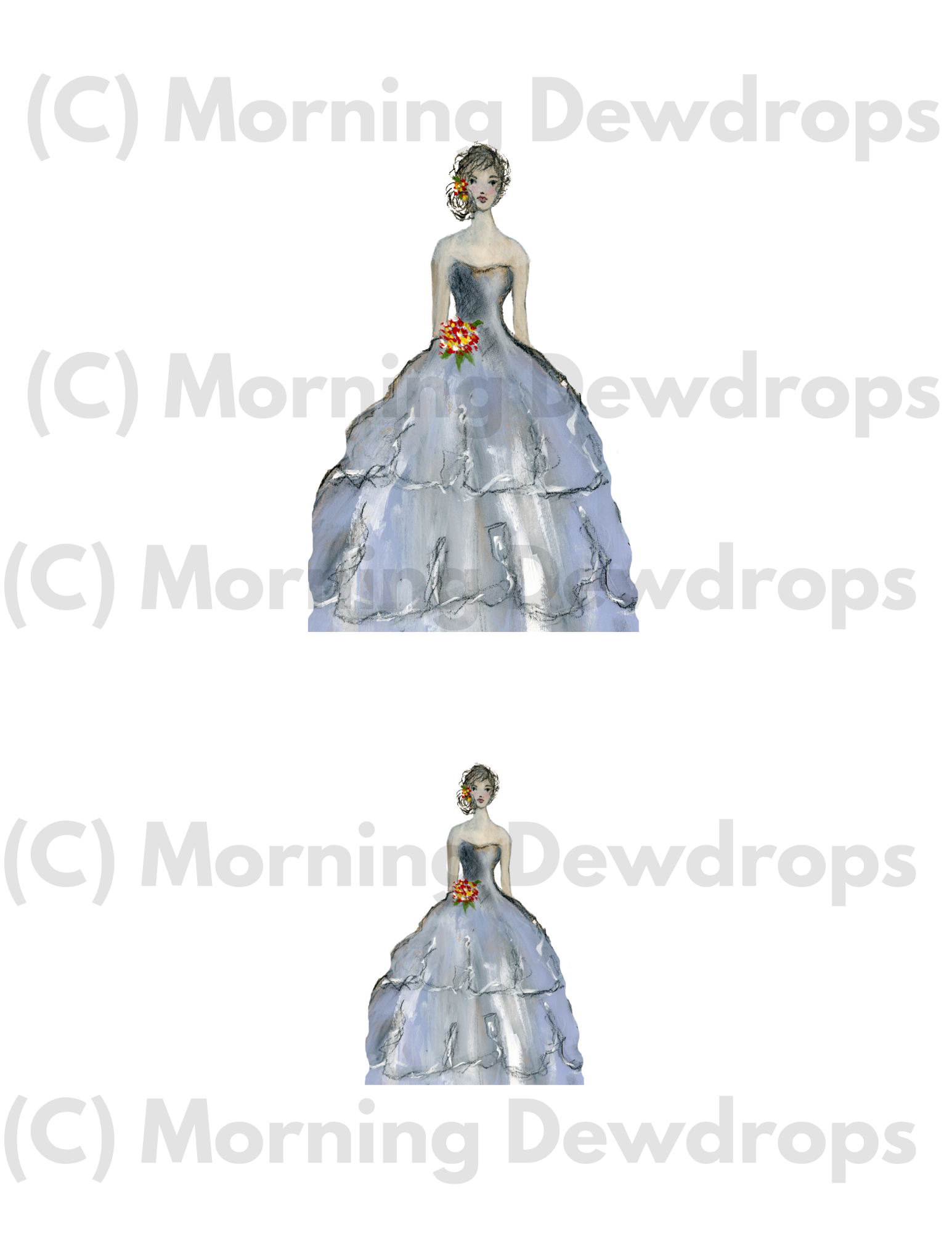 Rebecca is charming. She is dressed in a sweeping gown of misty blues and greys. Her skirt drifts in layered tiers of chiffon that feel almost weightless. She's pinned a corsage to her waist while placing a few flowers in her hair. She gathers beauty and lets no one in her circle who negates her worth. Rebecca is effortlessly graceful, somewhat romantic and never overlooks small things.  In a world of Morning Dewdrops, she stays in the moment and brings a calmness, but is always dreaming.