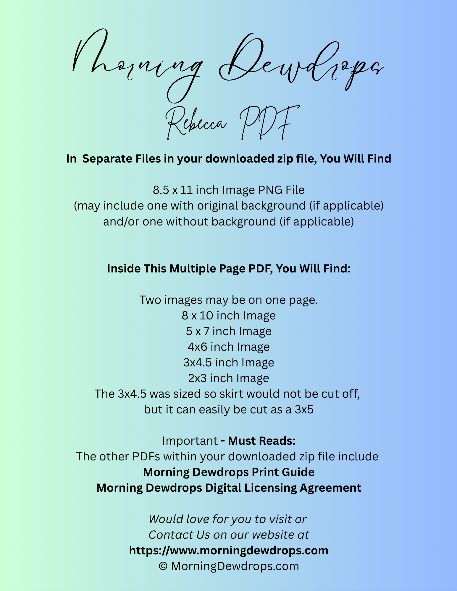 First Page of PDF for a digital product download with text on a gradient background. Shows images sizes and contents of the PDF