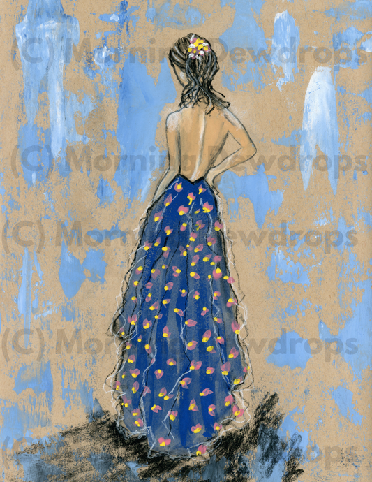 This is a hand painting of a lady. She is facing away with her back image to us.  She is wearing a blue  backless dress. Her gown has a floral pattern and is floor-length.  She is hand-painted on a textured background with DIY Paint and charcoal.