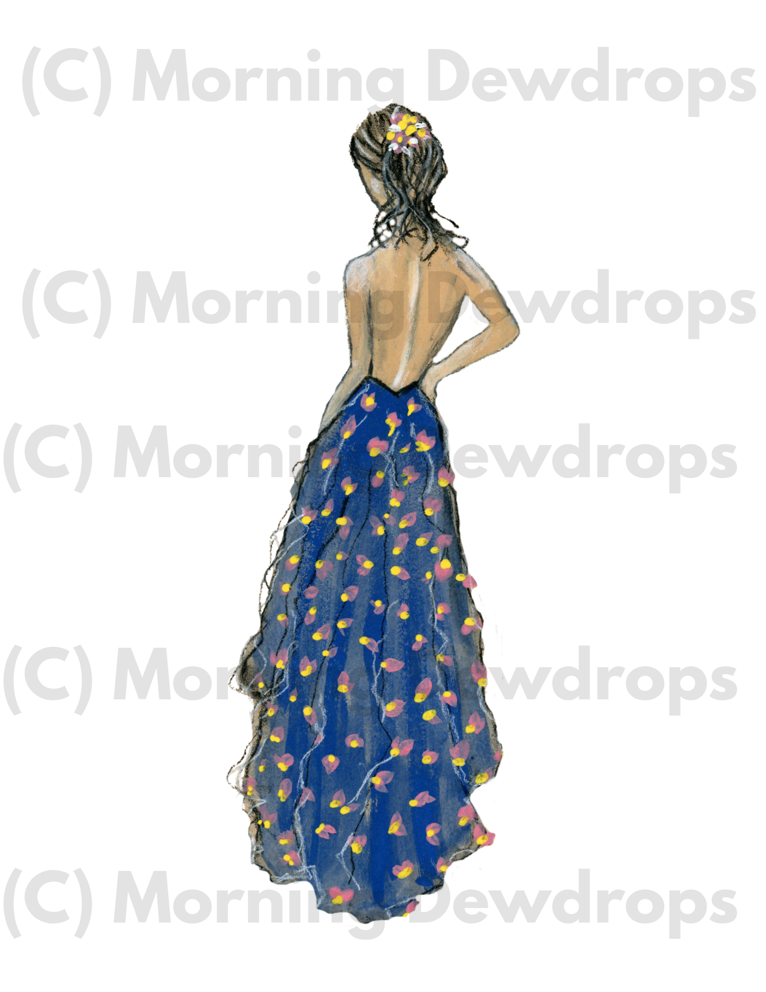 This is a hand painting of a lady. She is facing away with her back image to us.  She is wearing a blue  backless dress. Her gown has a floral pattern and is floor-length.  She is hand-painted  with DIY Paint and charcoal.