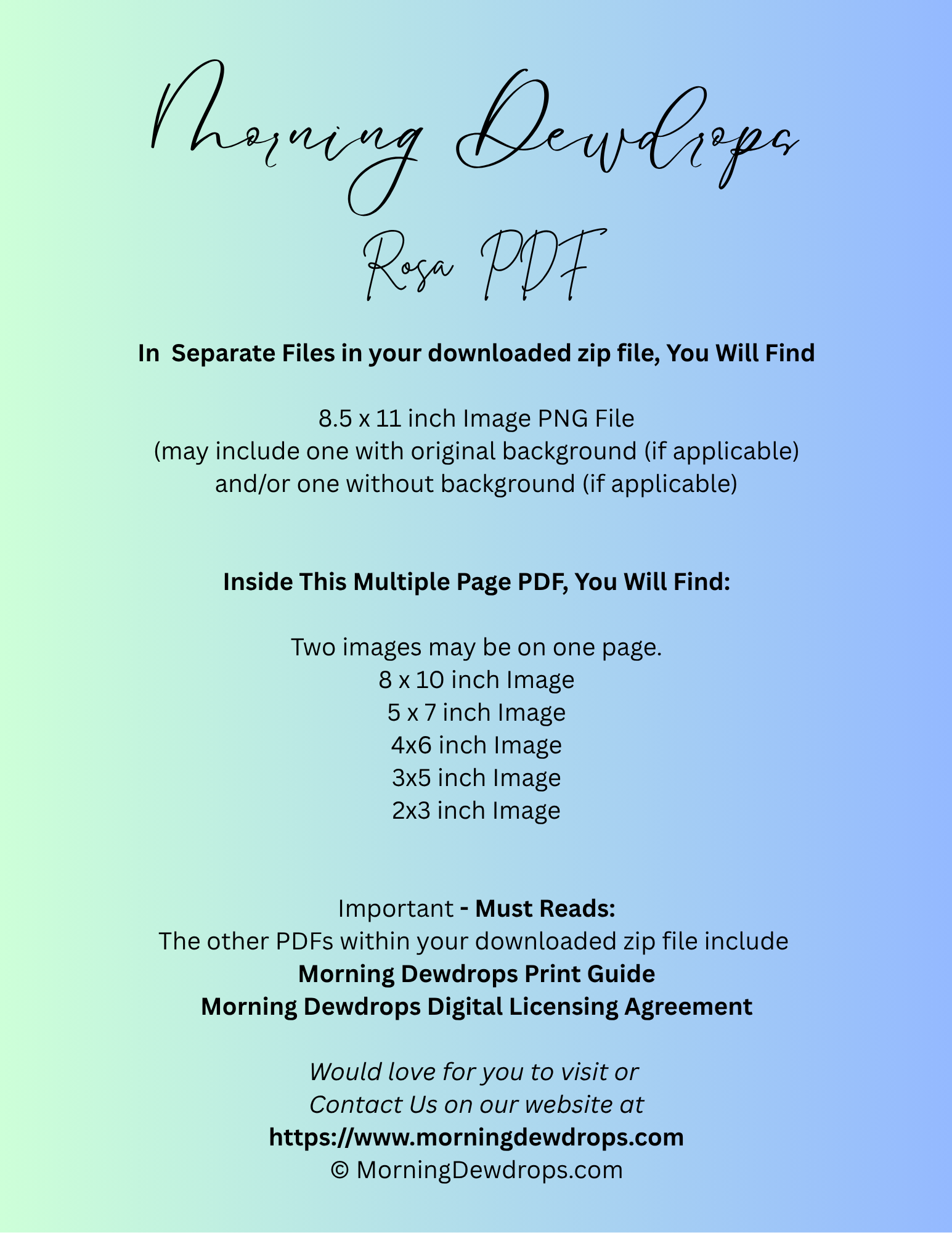 First Page of PDF for a digital product download with text on a gradient background. Shows images sizes and contents of the PDF