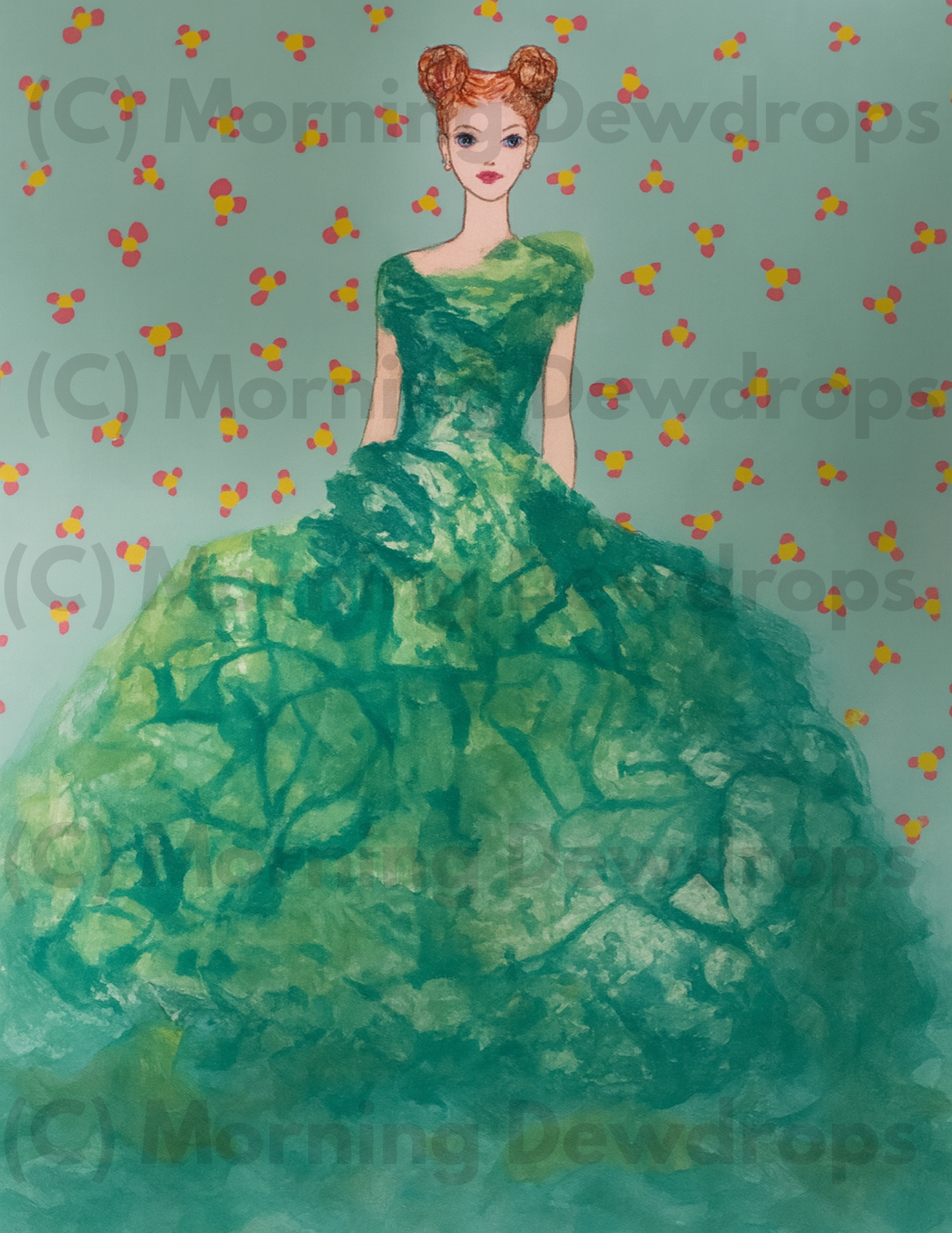 Silvia is elegant, watchful and full of mystery. Her sweeping, full gown hides her in the woodlands in a mix of tangled & textured green patterns. Does she talk to the fairies along mossy paths and hidden glens? With her copper hair twisted up, she's quite enchanting. Silvia is a guardian of nature and creativity. BUT most of all Silvia is kind - I painted her as part of Shakespeare's, "The Two Gentlemen from Verona" -for she's fair in beauty, but is also kind.